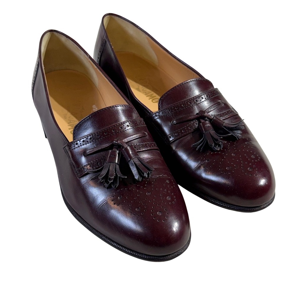 Salvatore Ferragamo Leather Loafers Mens 9.5 D Burgundy Tassel Brogue